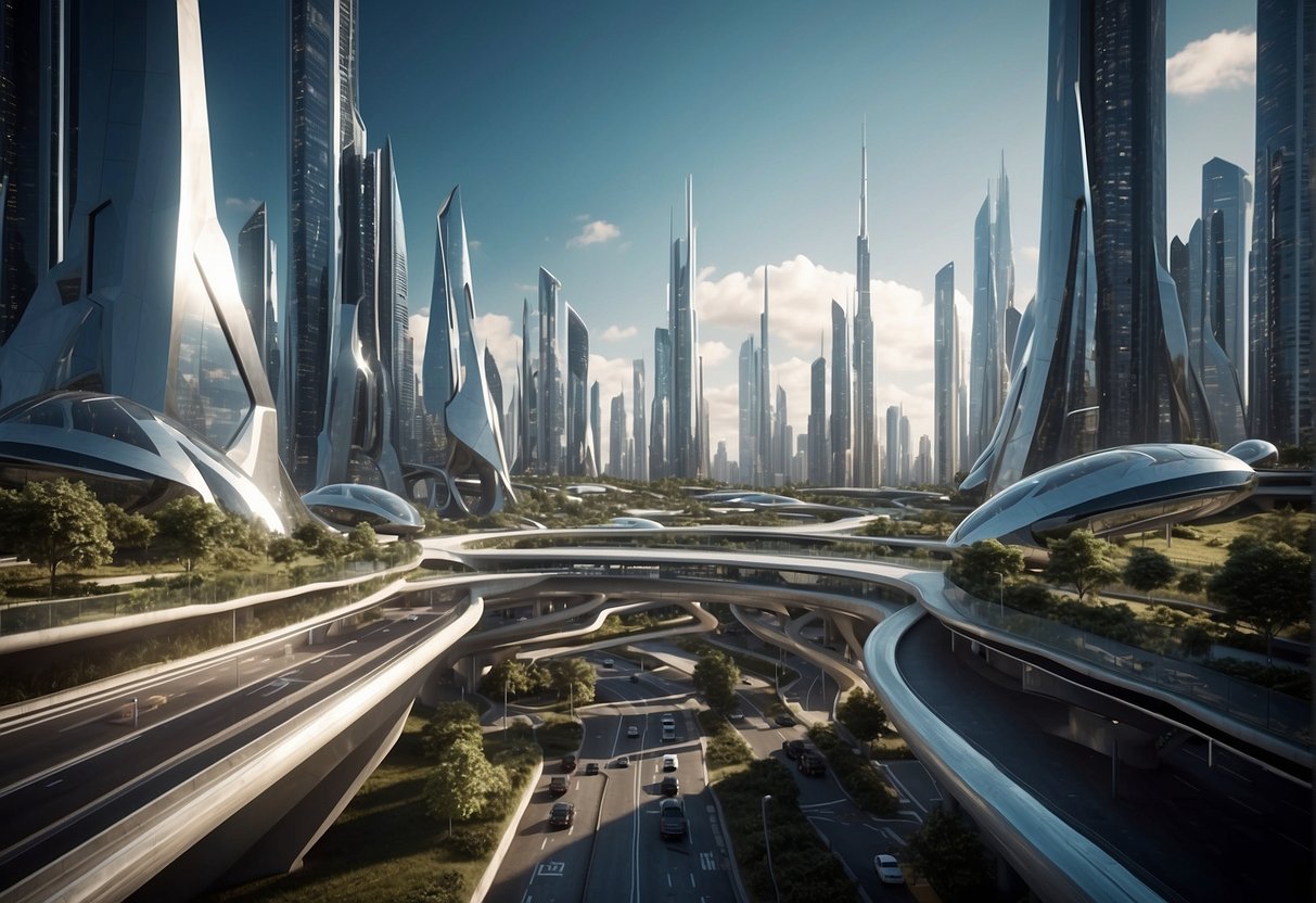 A futuristic cityscape with sleek, towering buildings and advanced infrastructure, showcasing cutting-edge technology and innovation in prompt engineering