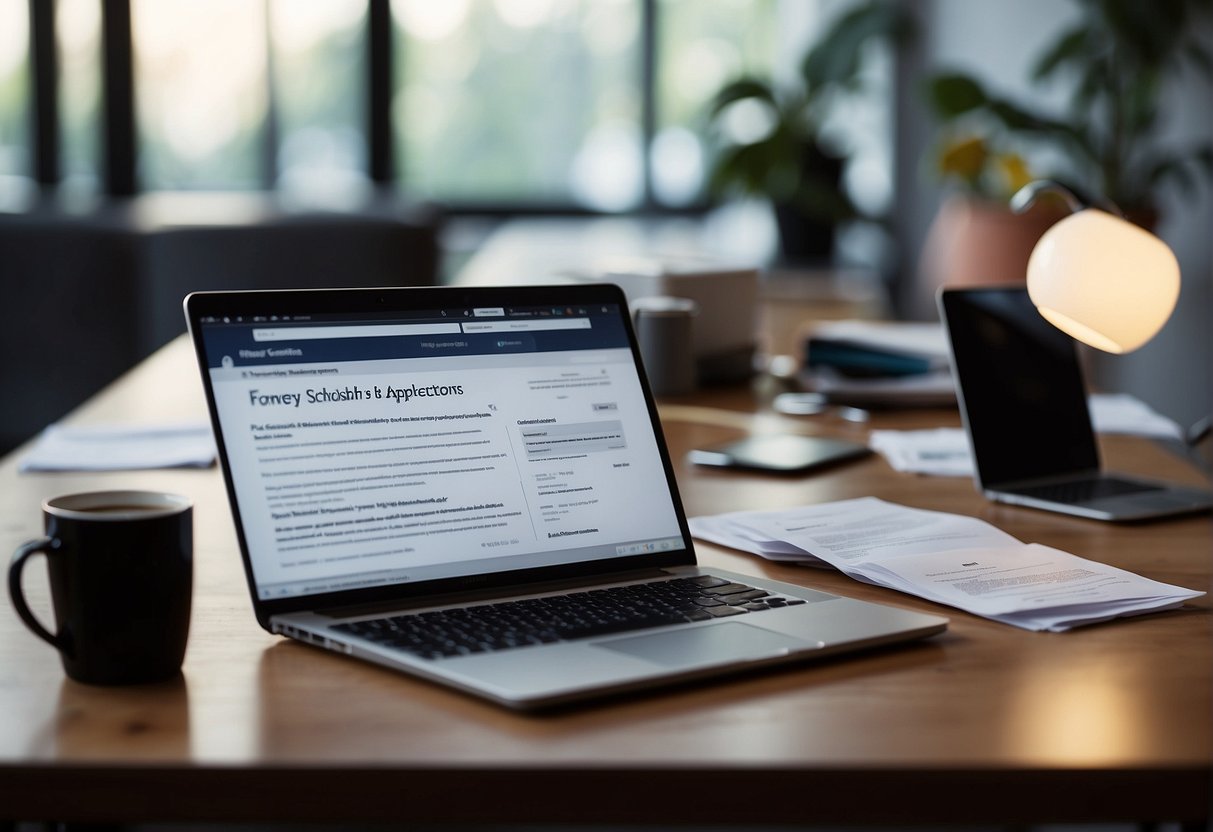 A person fills out online forms, gathers documents, and submits applications for scholarships at a desk with a laptop and a stack of papers