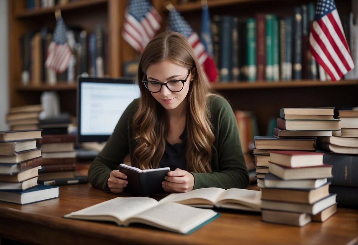 A student researching and applying for scholarships online, surrounded by books, a laptop, and international flags