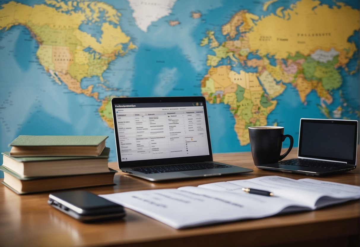 A desk with a laptop, passport, and documents. A world map on the wall. A stack of scholarship applications ready to be filled out