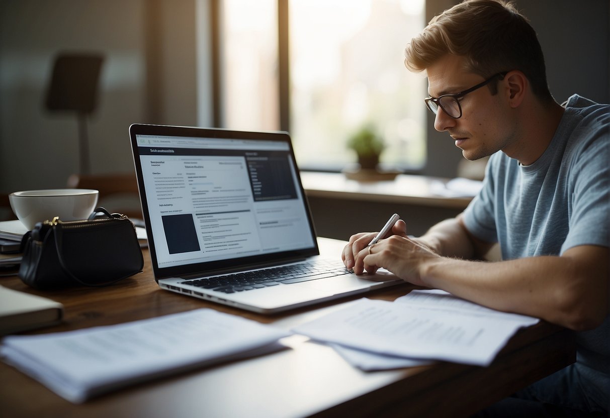 A person researching and filling out scholarship applications at a desk with a laptop and various documents spread out