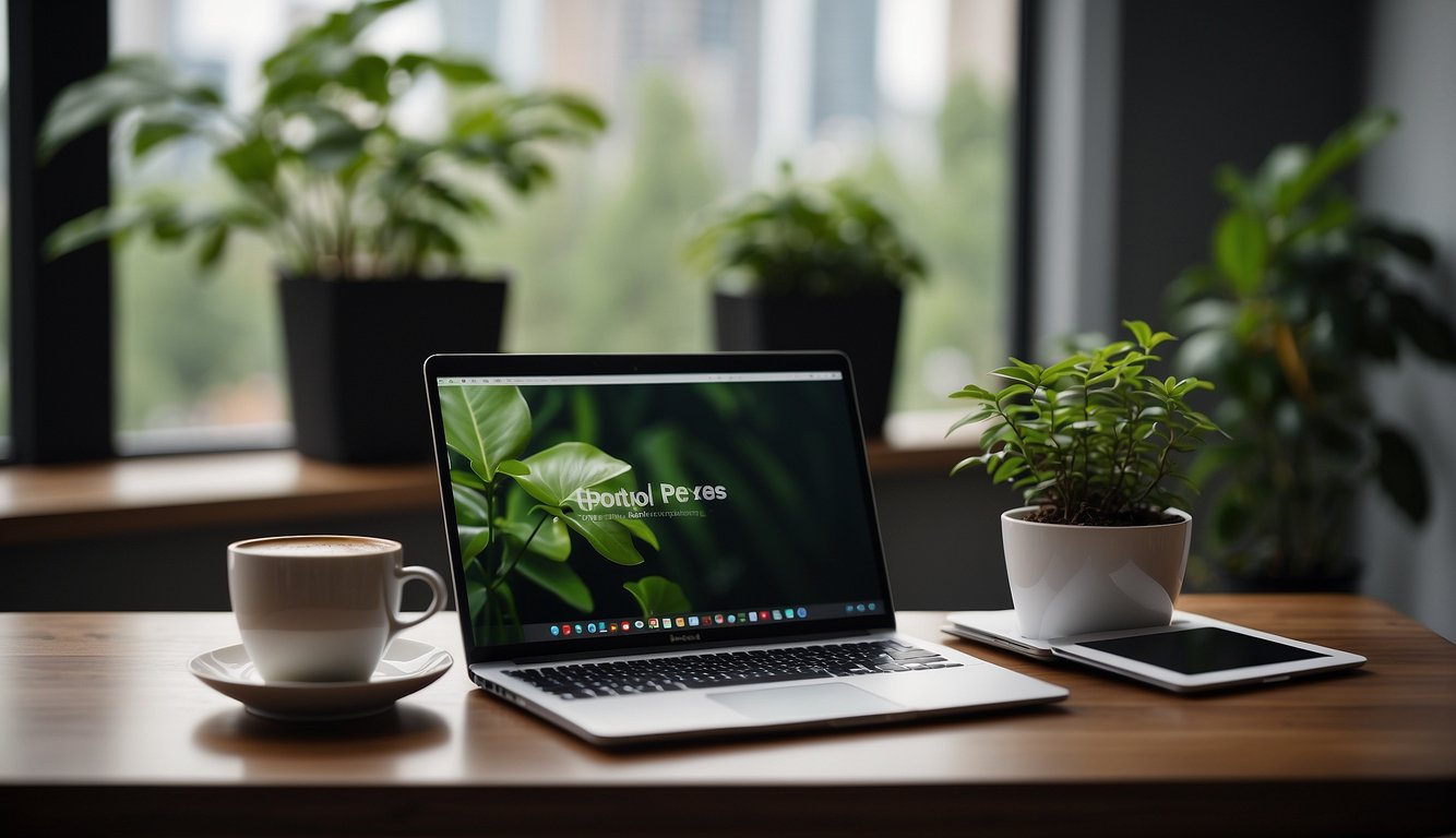 A laptop open on a desk, with a cup of coffee and a notebook next to it. A stack of books and a plant in the background