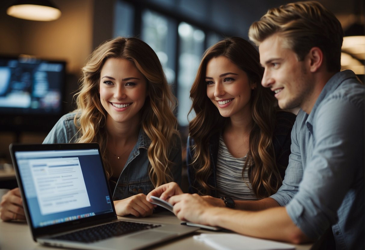 A group of students gather around a computer, researching and filling out scholarship applications for studying abroad