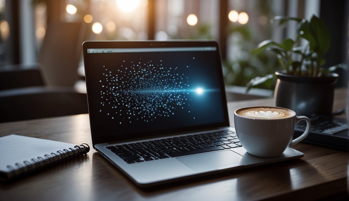 A laptop open on a desk, with a blank screen and a notebook filled with brainstorming ideas. A cup of coffee sits nearby