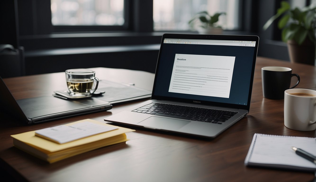 A laptop open on a desk, with a blank document on the screen. A notebook and pen sit nearby, ready for brainstorming. Post-it notes with key points are scattered around
