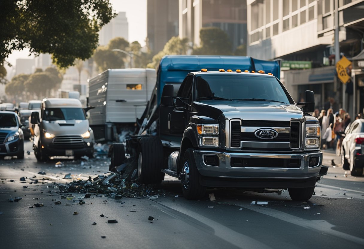 A truck collides with another vehicle on a busy Los Angeles street in 2024. Debris scatters across the road as onlookers gather