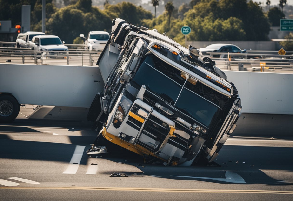 A truck overturned on a busy Los Angeles highway, causing a traffic jam. Debris and skid marks are scattered across the road