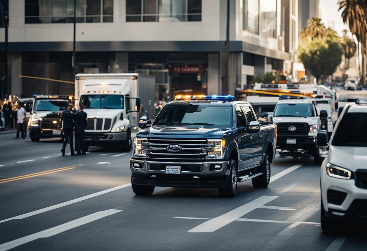 A truck collides with a car on a busy city street in Los Angeles. The vehicles are surrounded by onlookers and emergency vehicles