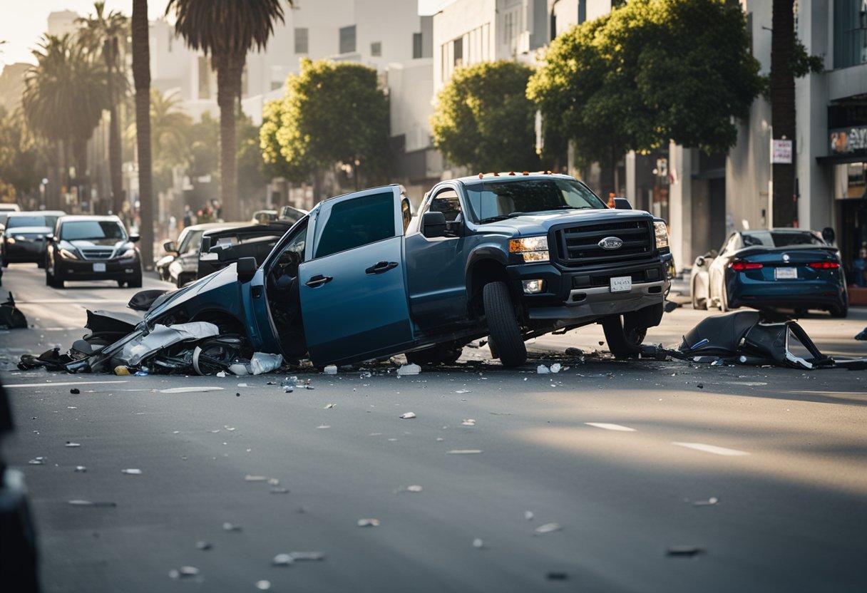 A truck collides with a car on a busy Los Angeles street. The car is crushed, and debris scatters across the road. The truck driver looks distressed as onlookers gather