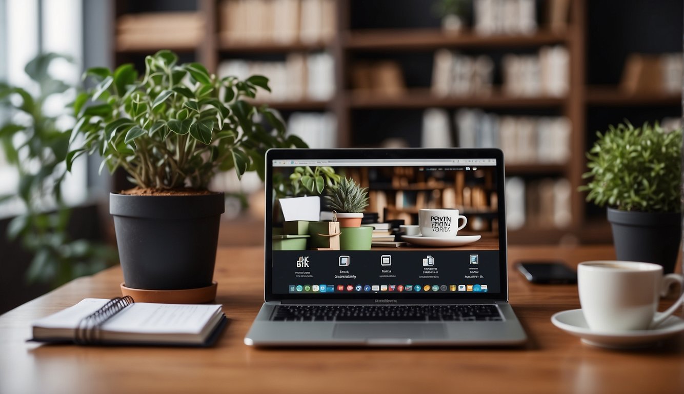 A laptop open on a desk, surrounded by a notepad, pen, and coffee mug. A bookshelf and potted plant in the background