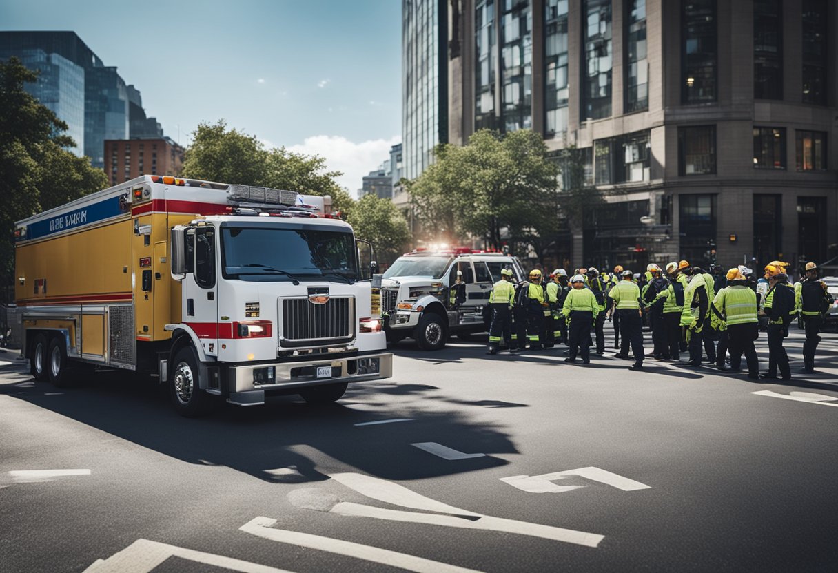 A busy city street with a large truck overturned, surrounded by emergency vehicles and a group of concerned onlookers