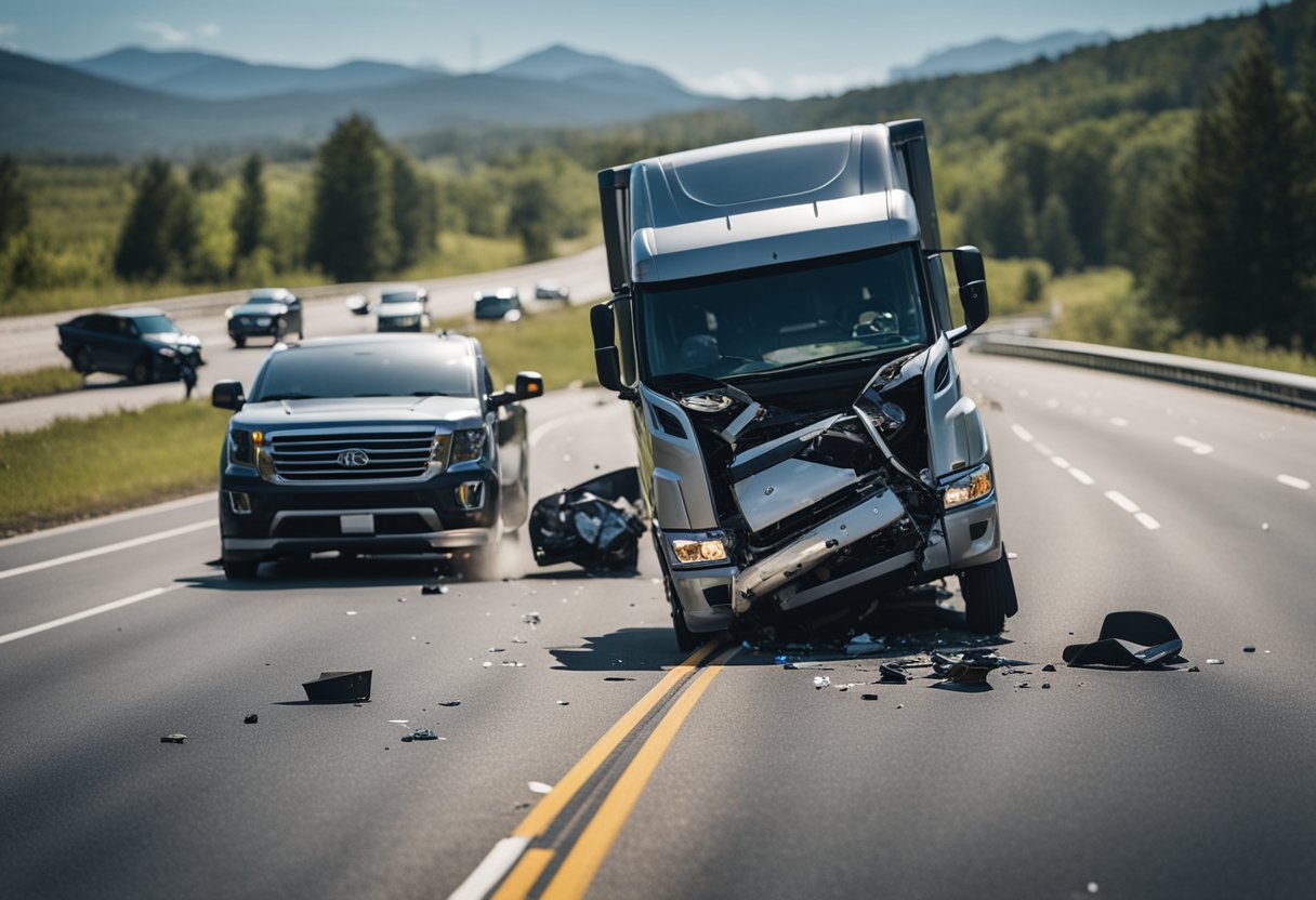 A truck collides with a smaller vehicle on a busy highway. Debris scatters across the road as onlookers watch in shock