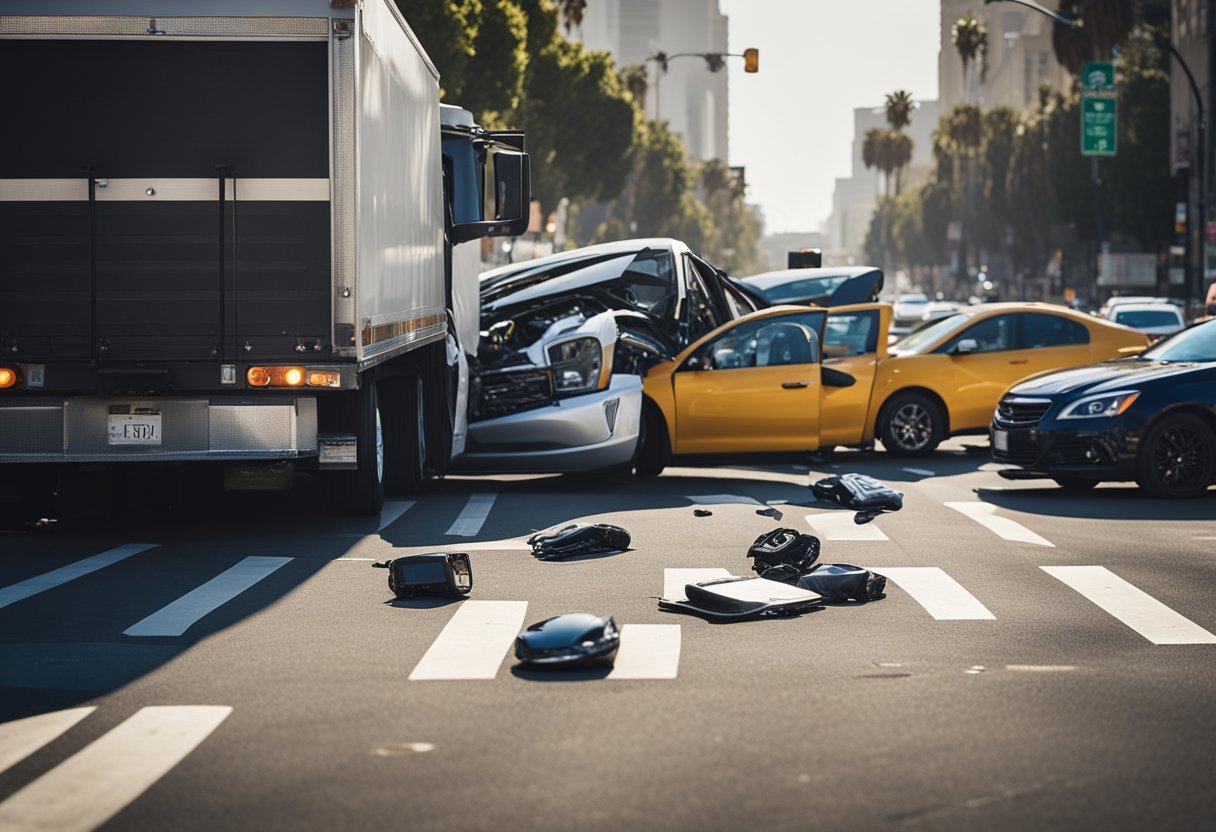 A truck collides with a car on a busy Los Angeles street. Legal documents and a phone with "Truck Accident Lawyer" on the screen lay on the ground