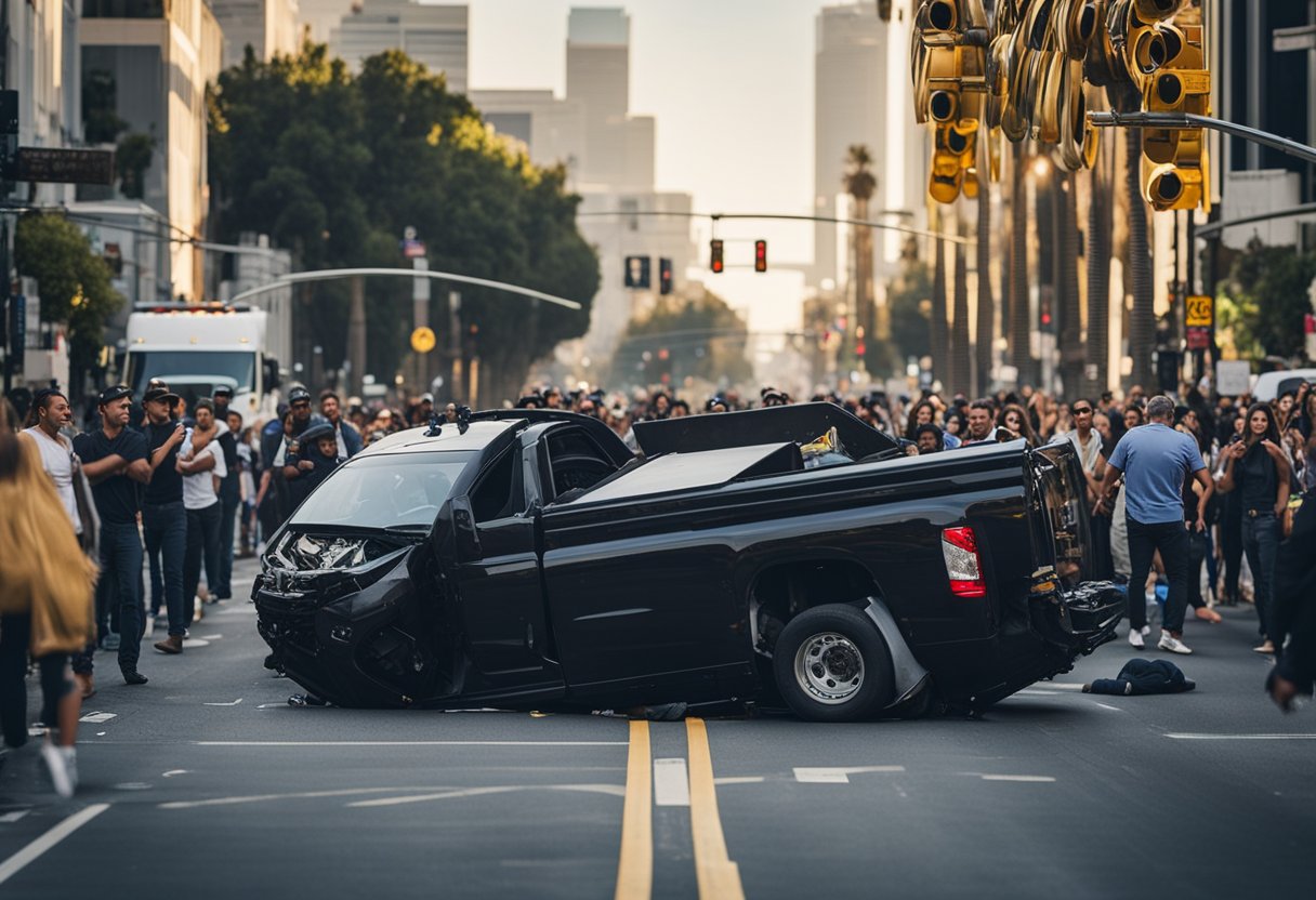 A truck lies overturned on a busy Los Angeles street, surrounded by flashing emergency lights and a crowd of onlookers. A lawyer's contact information is displayed prominently nearby