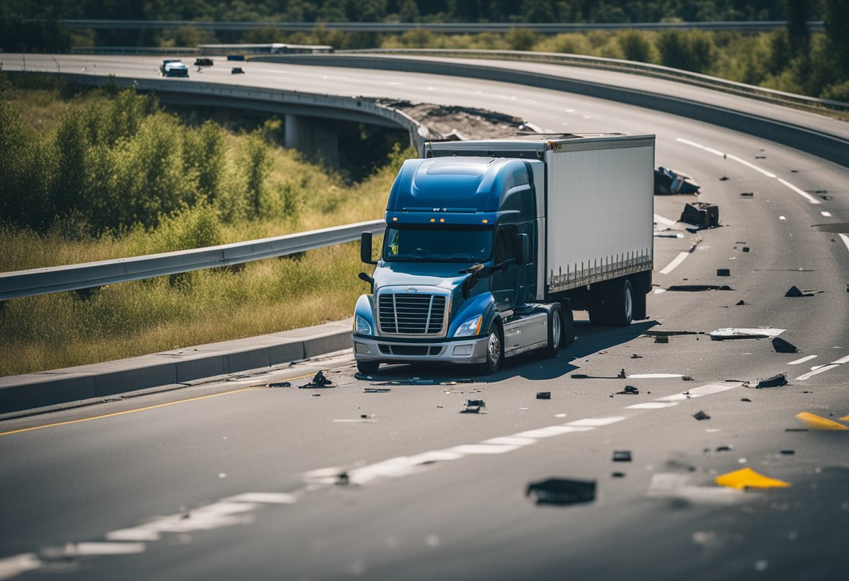 Truck wreckage scattered on a highway, skid marks leading to the scene, and a damaged vehicle with visible evidence markers