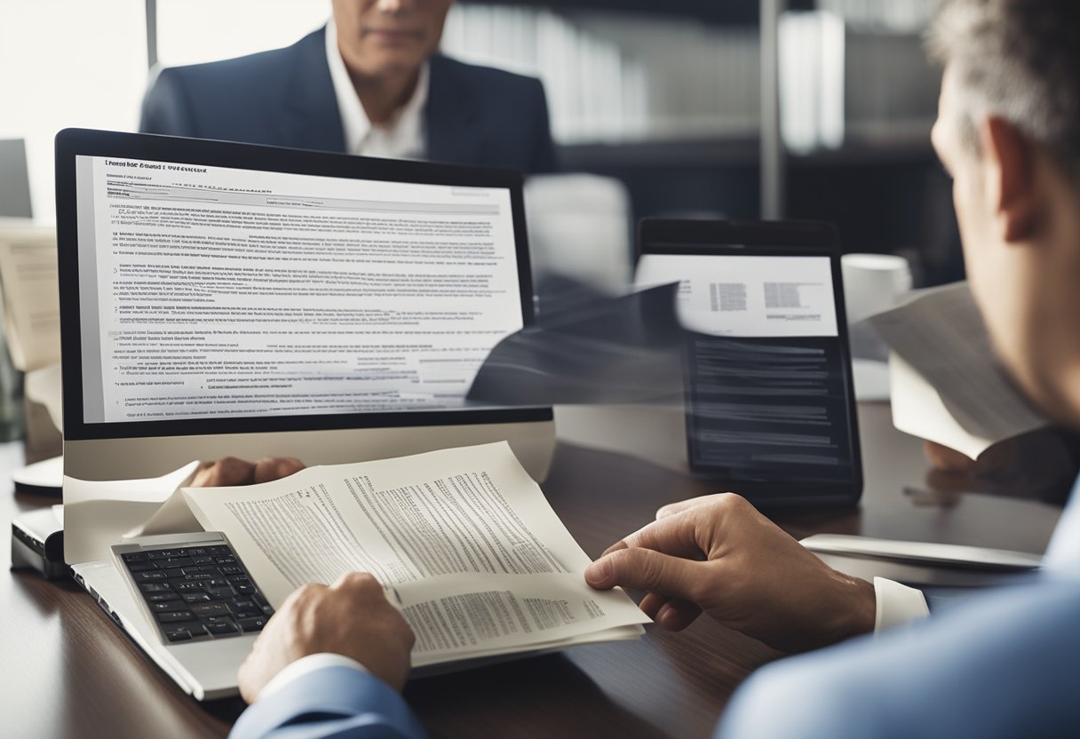 A lawyer reviewing legal documents with a client, while a truck accident scene is depicted on a computer screen in the background