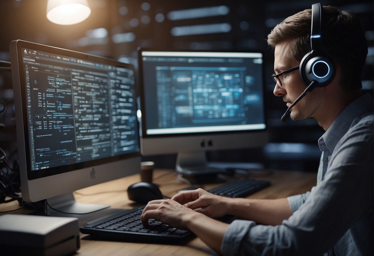 An AI writing assistant generating content on a computer screen, surrounded by various types of AI content generators