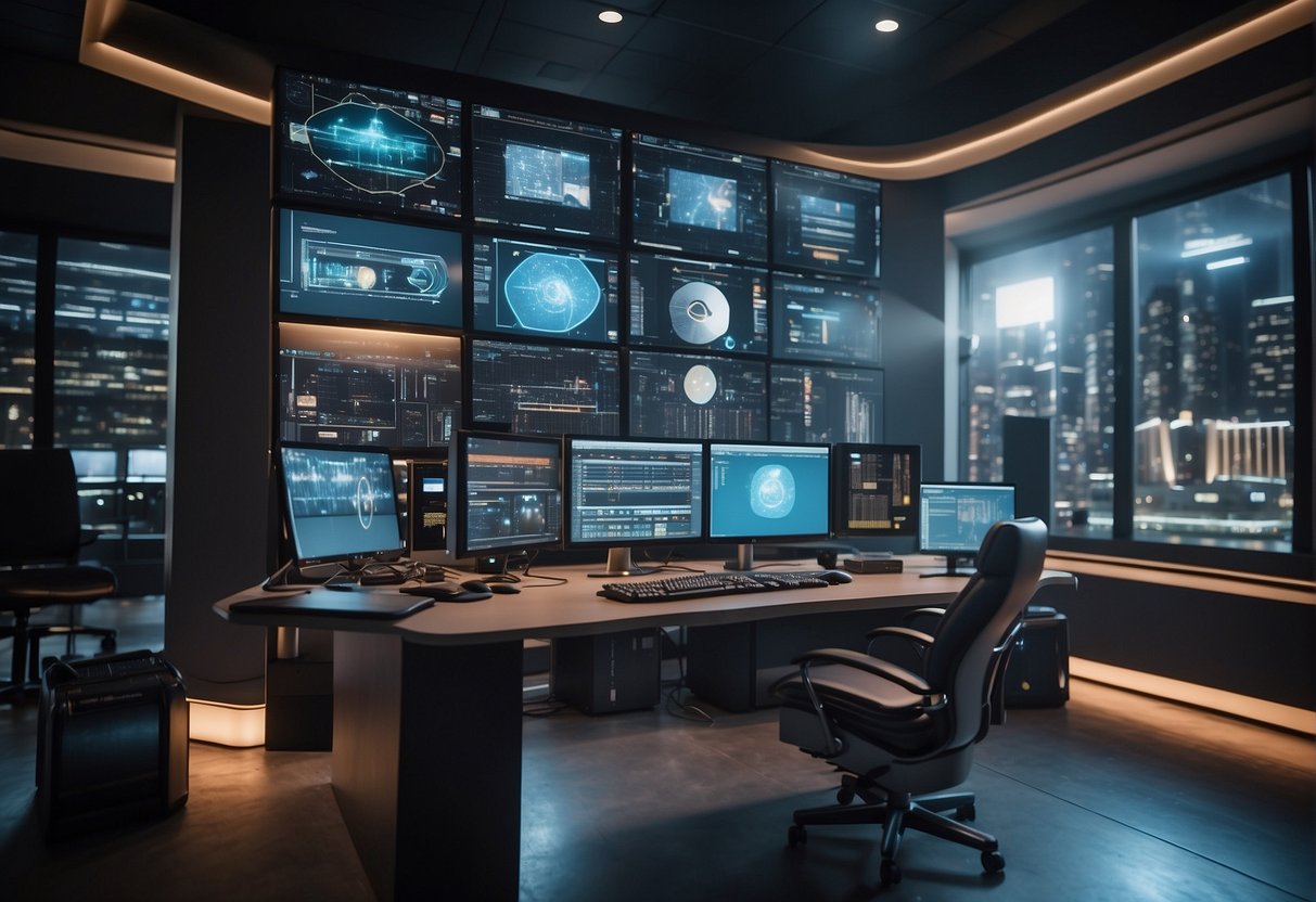 An AI content generator surrounded by various types of technology, such as computers, servers, and digital screens, showcasing its versatility and efficiency