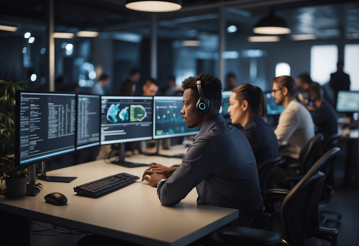 A diverse group of AI content generators working on various tasks, surrounded by screens and technology, showcasing the challenges and considerations in the field