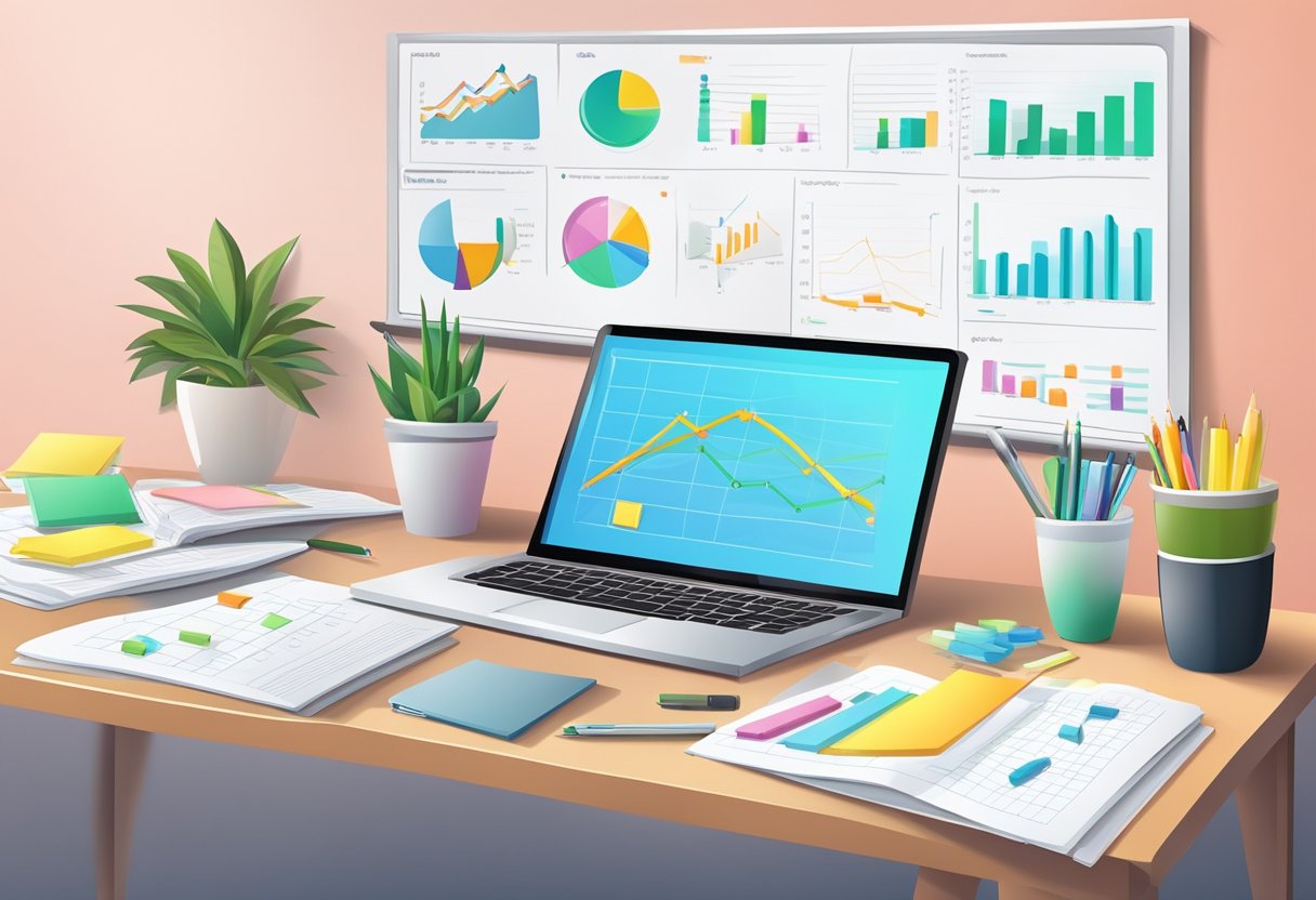 A table with a laptop, notebook, and pen. Charts and graphs on the wall. A brainstorming session with sticky notes and whiteboard