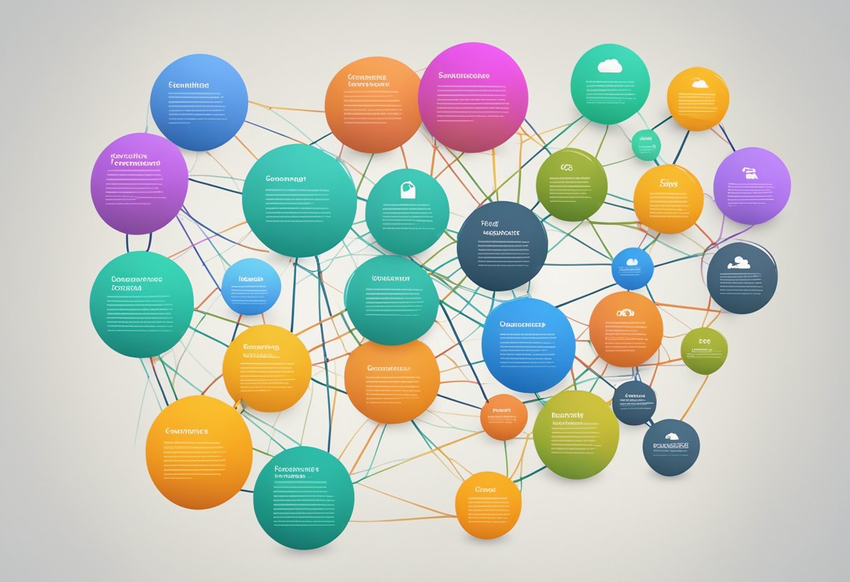 A colorful web of interconnected ideas and keywords, branching out from a central content strategy plan