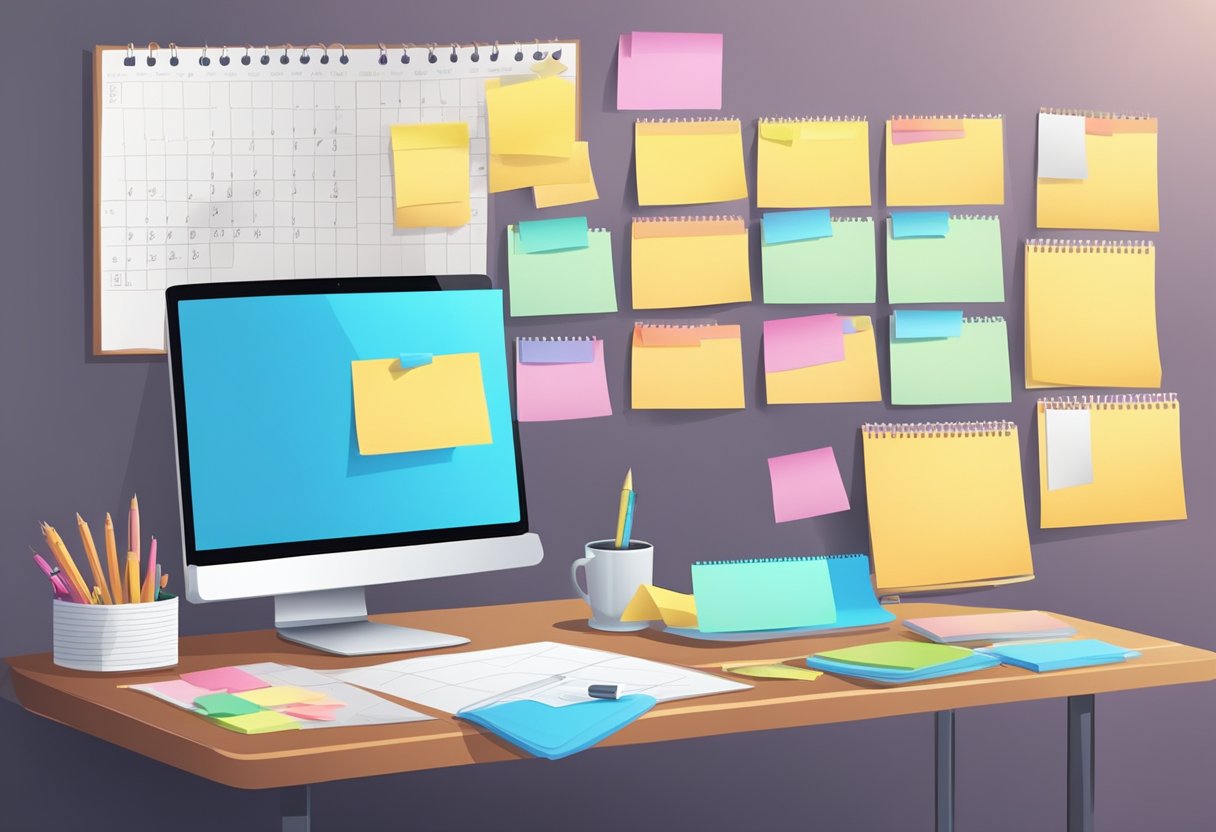 A desk with a laptop, notebook, and pen. A calendar and sticky notes on the wall. A brainstorming board with post-it notes