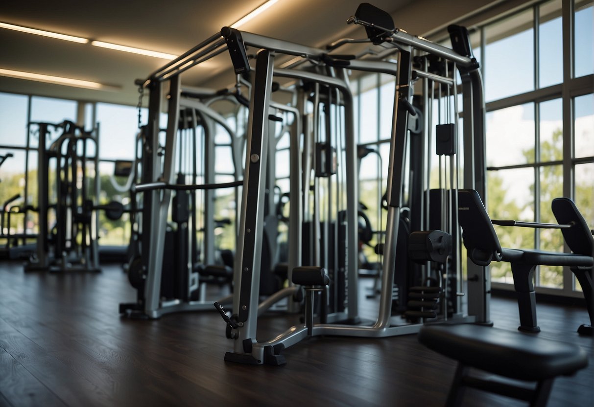 A set of workout equipment in a gym setting with a 12-week training program for weight loss
