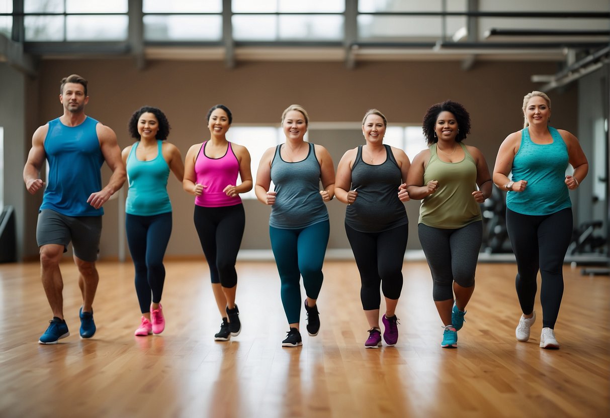 A diverse group of individuals engaging in a 12-week weight loss training program with various adaptations for different needs