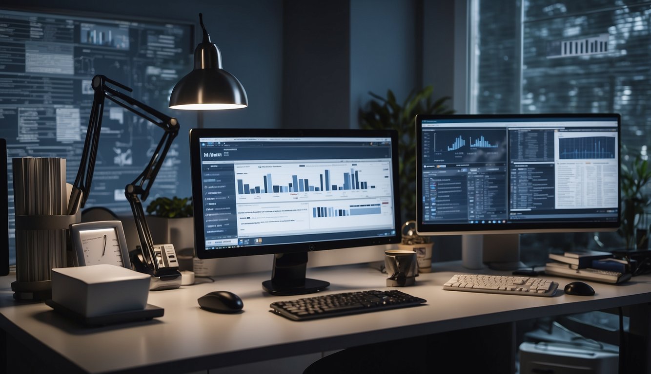 A doctor's office with a computer, desk, and medical charts. A freelancer is typing on the computer, surrounded by healthcare-related books and articles