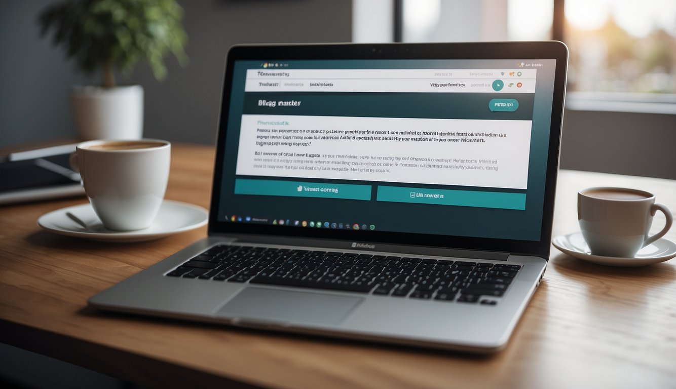 A laptop open on a desk with a blog post about healthcare marketing displayed on the screen. A freelancer's contact information is visible in the corner