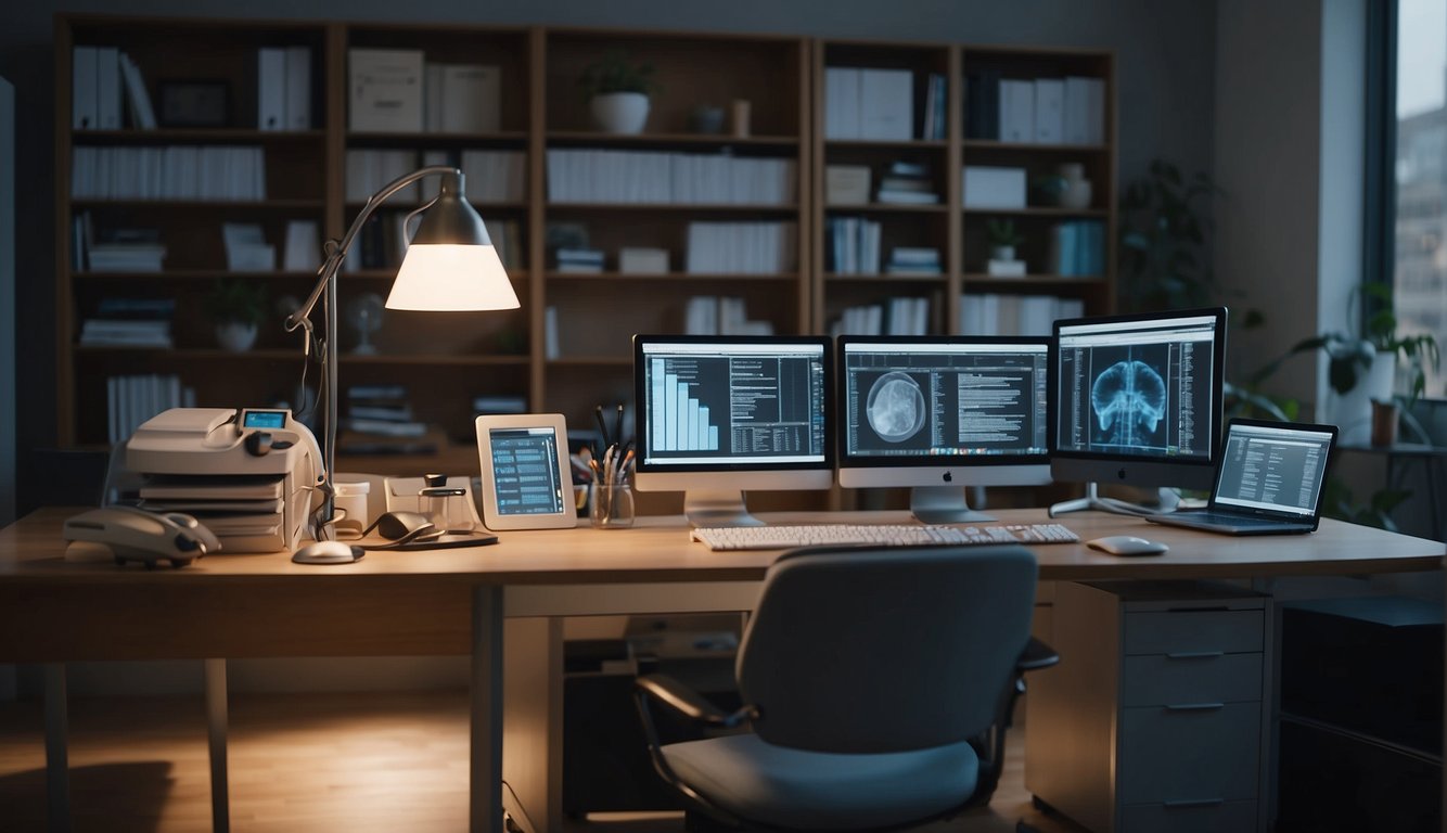 A healthcare office with a desk, computer, and medical equipment. A freelancer sits at the desk, typing on the computer, surrounded by medical books and resources