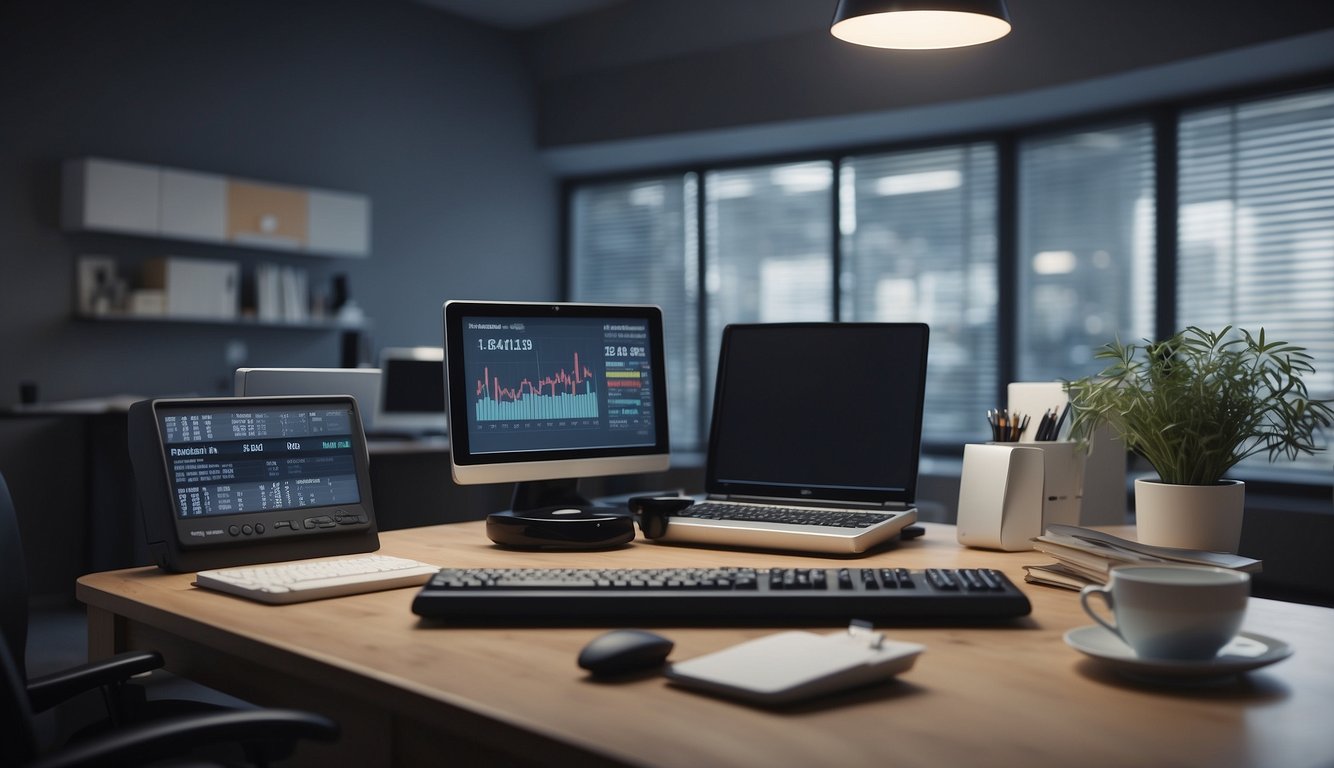 A desk with a computer, calculator, and financial documents. A calendar showing deadlines. A healthcare logo on the wall