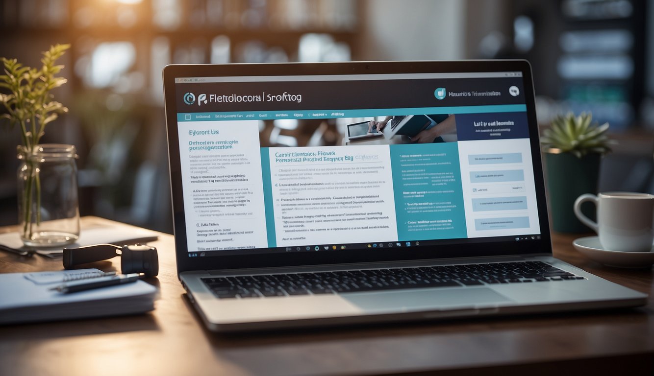 A laptop with a healthcare blog open, surrounded by medical textbooks and research papers. A freelancer's contact information is displayed on the screen