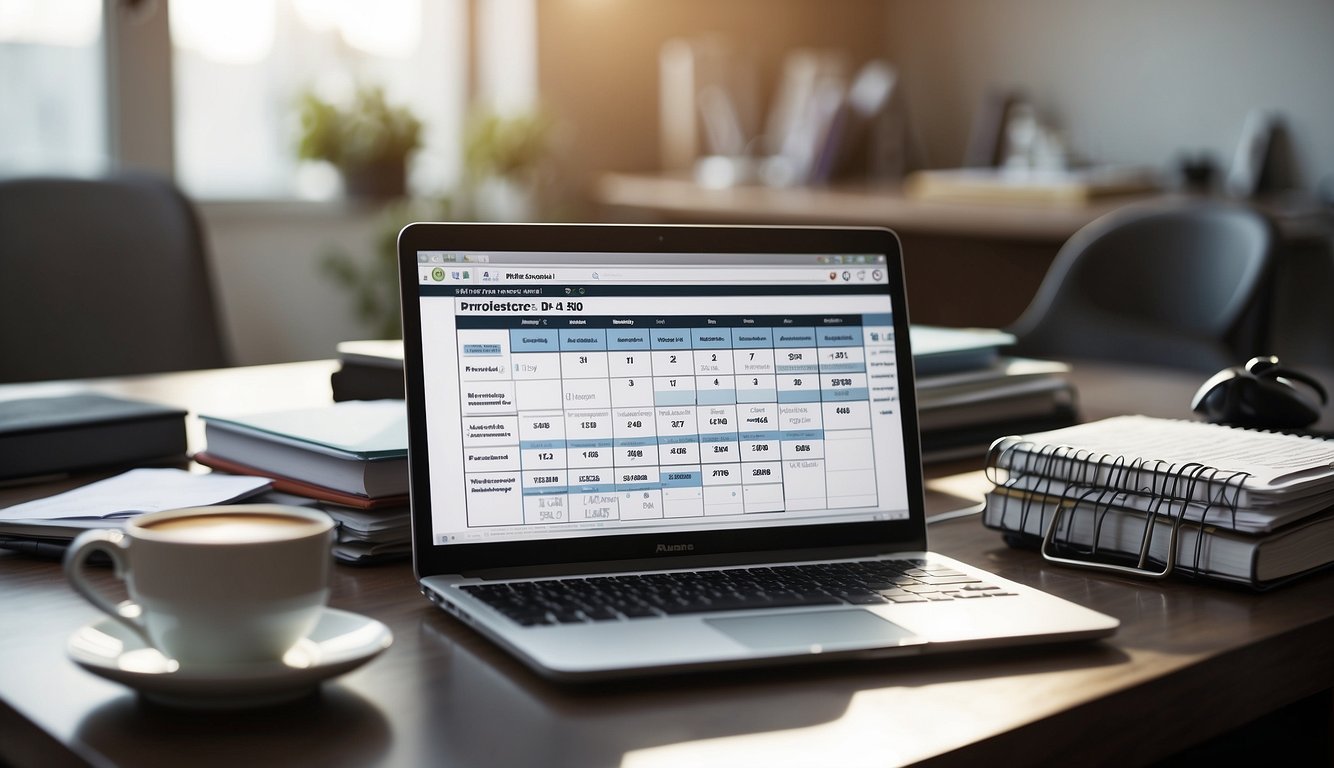A desk cluttered with a laptop, notebooks, and a calendar. A stack of healthcare journals in the background. A freelancer's profile on the computer screen