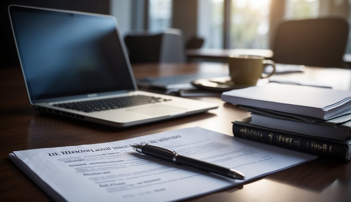 A laptop and a stack of medical journals sit on a desk, surrounded by ethical guidelines and legal documents. A pen hovers over a blank page, ready to tackle the complex topic of medical writing