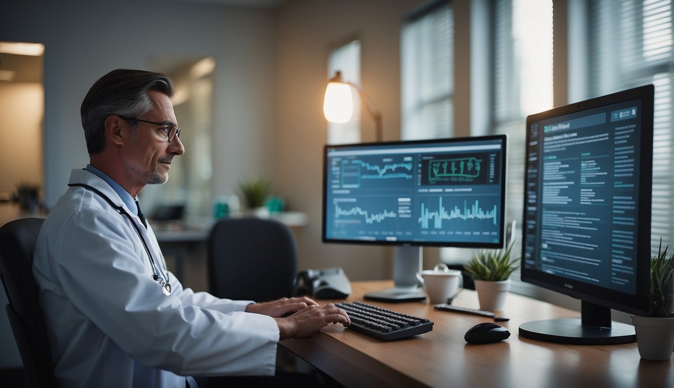 A doctor's office with a computer displaying healthcare blog topics. A freelancer is typing on the keyboard while the doctor looks on, considering hiring them