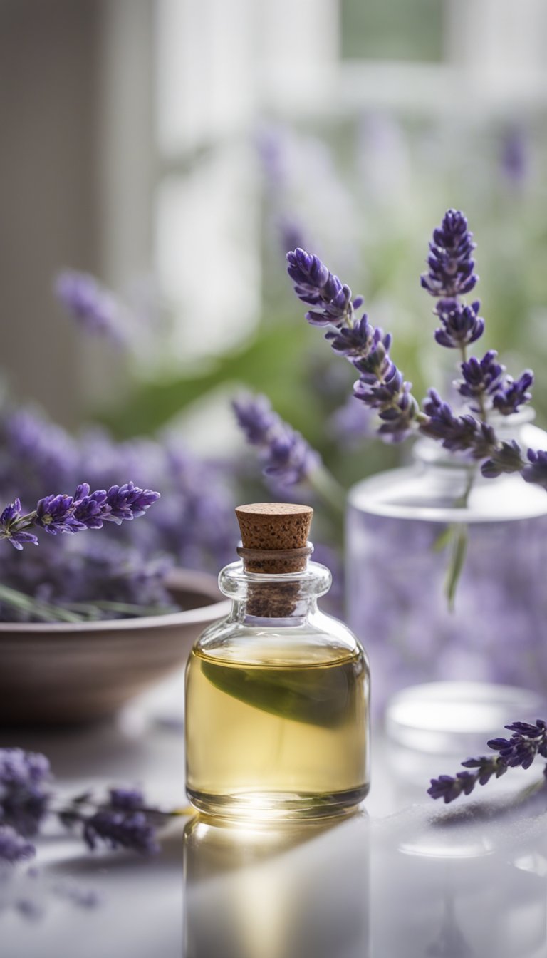 A glass spray bottle sits on a clean, white surface surrounded by fresh lavender flowers and a small bowl of distilled water. A dropper and a bottle of lavender essential oil are also present