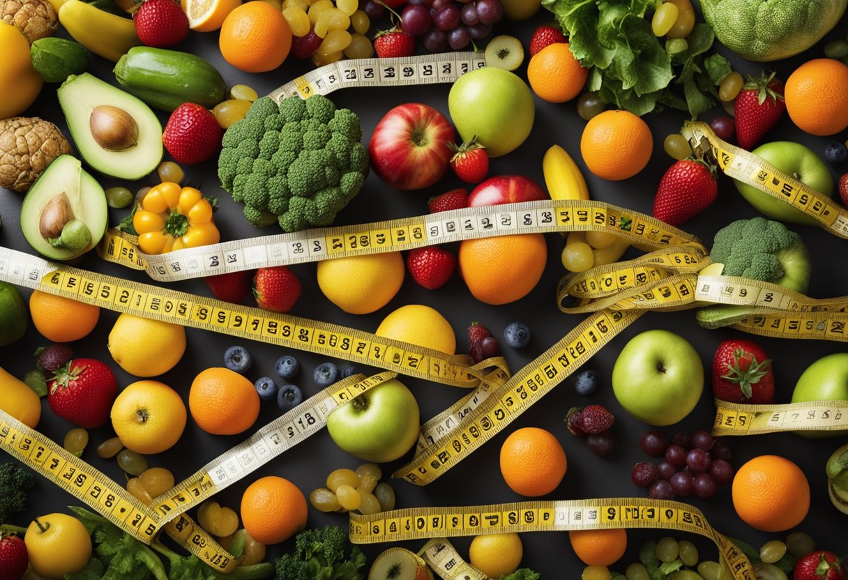 A tape measure wrapping around a waist, with a pile of healthy fruits and vegetables on one side and a stack of junk food on the other