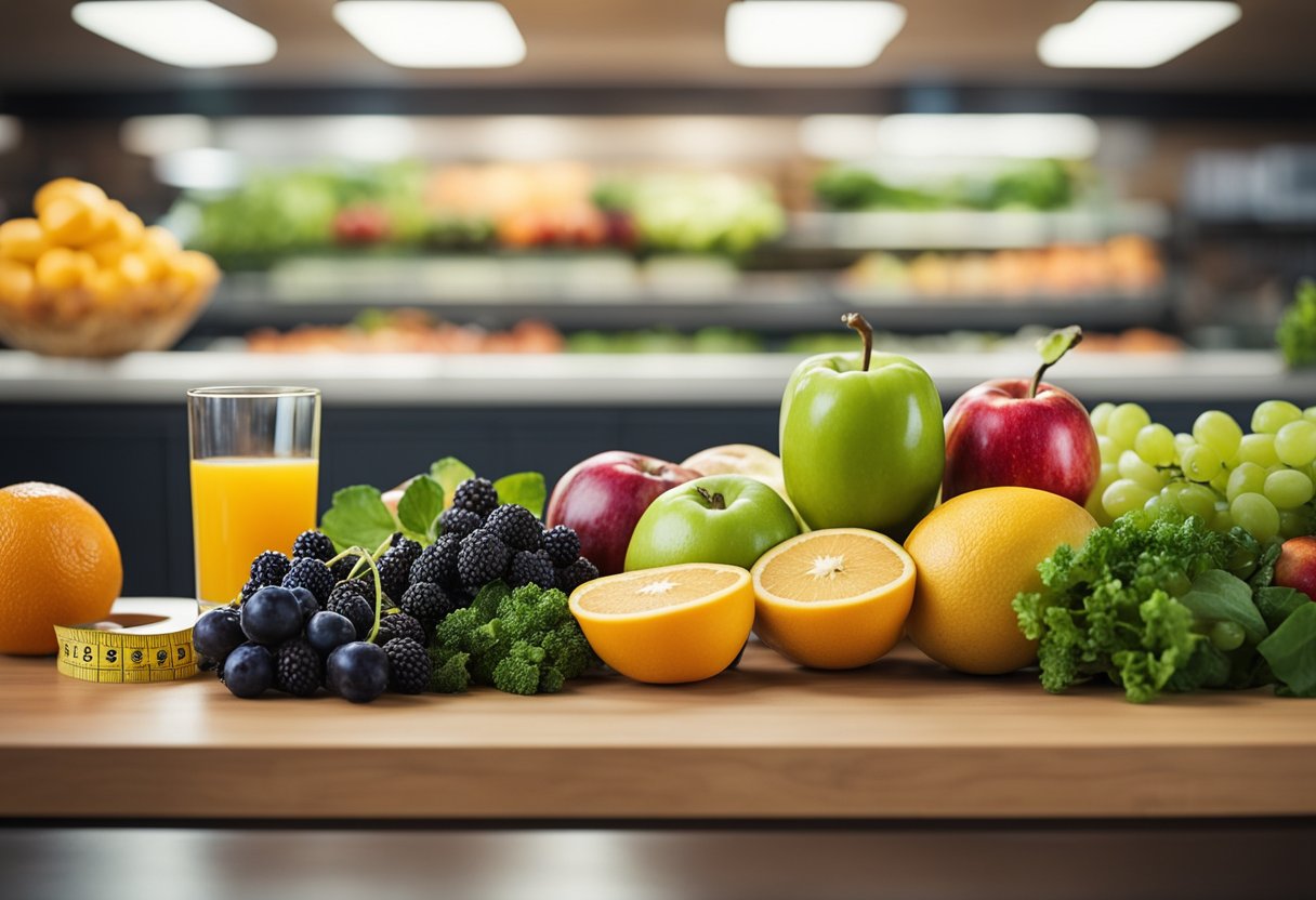 A table with fruits, vegetables, and lean proteins. No processed foods or sugary drinks in sight. A tape measure showing a smaller waistline