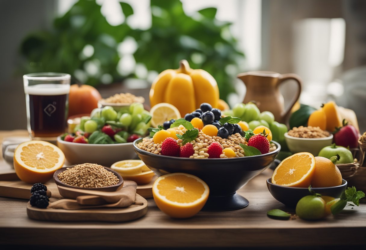 A table filled with colorful fruits, vegetables, lean proteins, and whole grains. Water and herbal tea on the side. No processed foods in sight