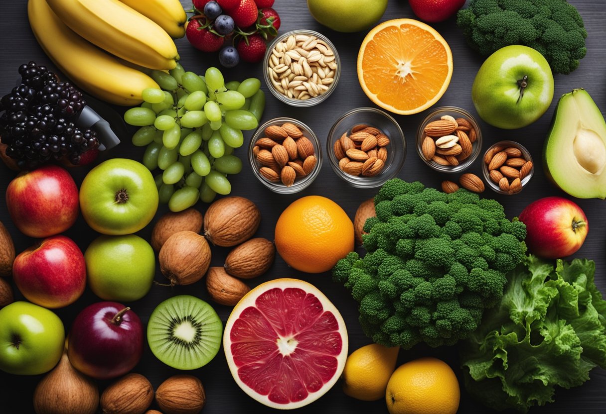 A table filled with colorful fruits, vegetables, nuts, and lean proteins. A measuring tape wrapped around a water bottle indicates progress in belly fat reduction