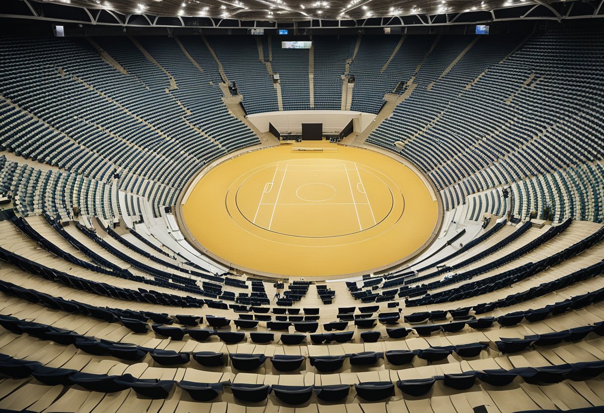 The Royal Bafokeng Sports Palace features a circular seating arrangement with tiered levels, surrounding a central arena. The construction is modern and sleek, with comfortable seating and clear sightlines from every angle