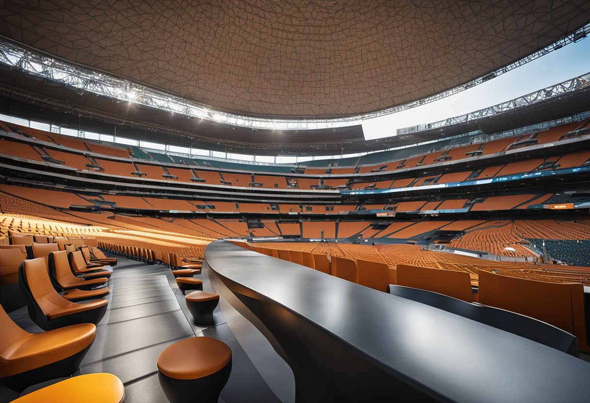 The interior of FNB Stadium showcases sleek, modern architectural design with bold structural elements and expansive seating areas