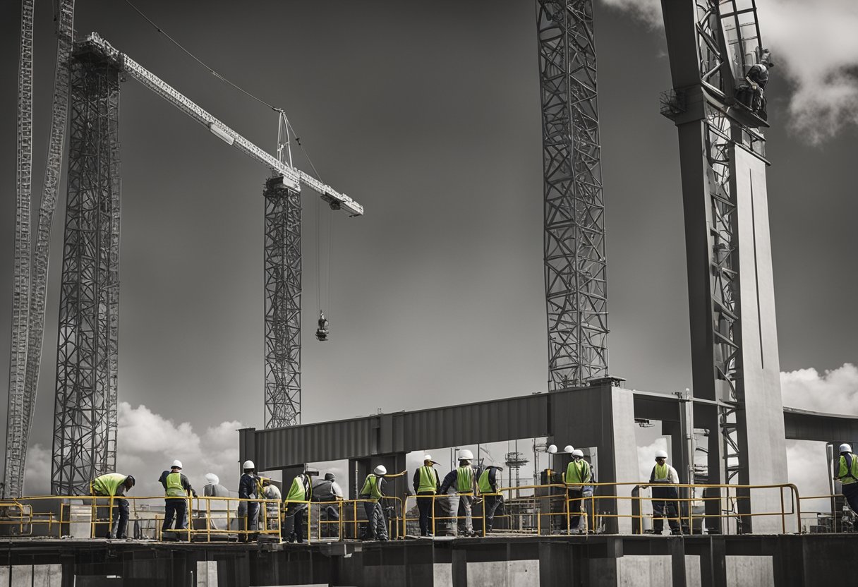 Construction workers lay concrete, while cranes lift steel beams. The stadium's iconic arches rise in the background, as workers assemble seating sections