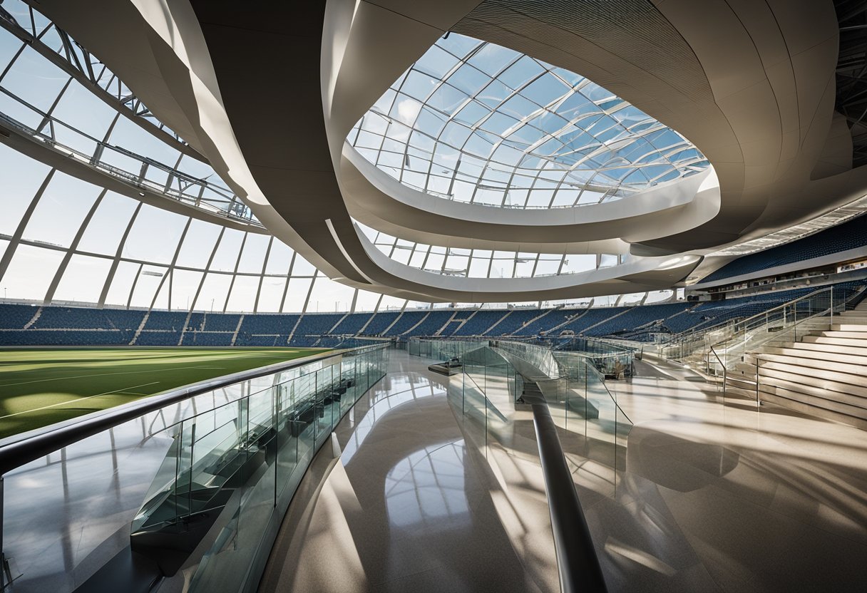 The interior of Free State Stadium showcases modern architectural design, with sleek lines and expansive spaces. The construction features are revealed, including the use of steel and glass, creating a dynamic and impressive visual