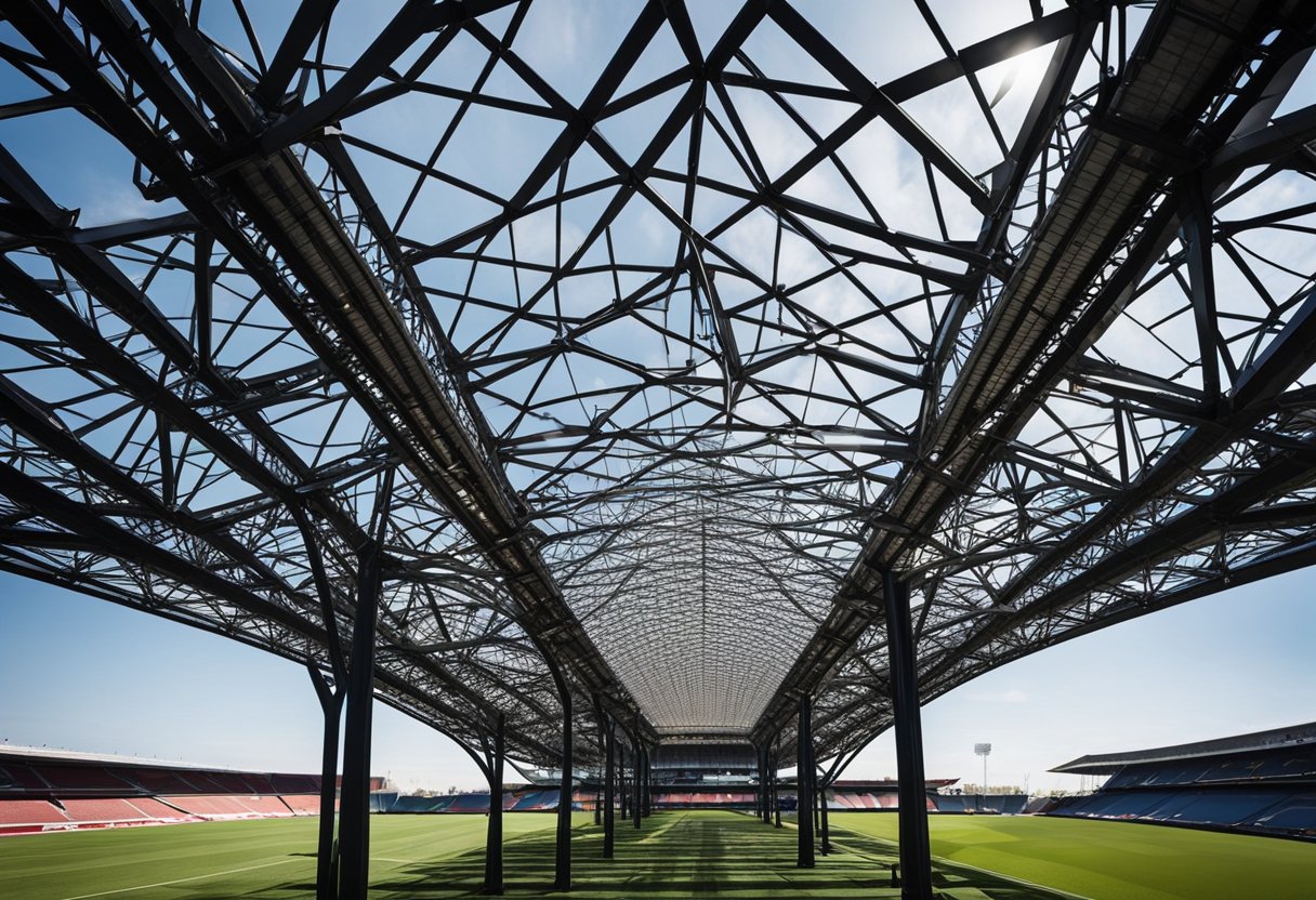 The intricate steel trusses form a web-like structure, supporting the massive roof of the stadium. The sleek lines and modern design showcase the engineering marvels within Free State Stadium