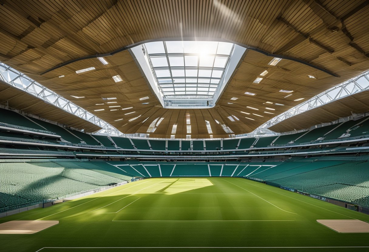 The stadium's eco-friendly design includes solar panels, rainwater harvesting, and recycled materials. A green roof and energy-efficient lighting showcase sustainability and innovation