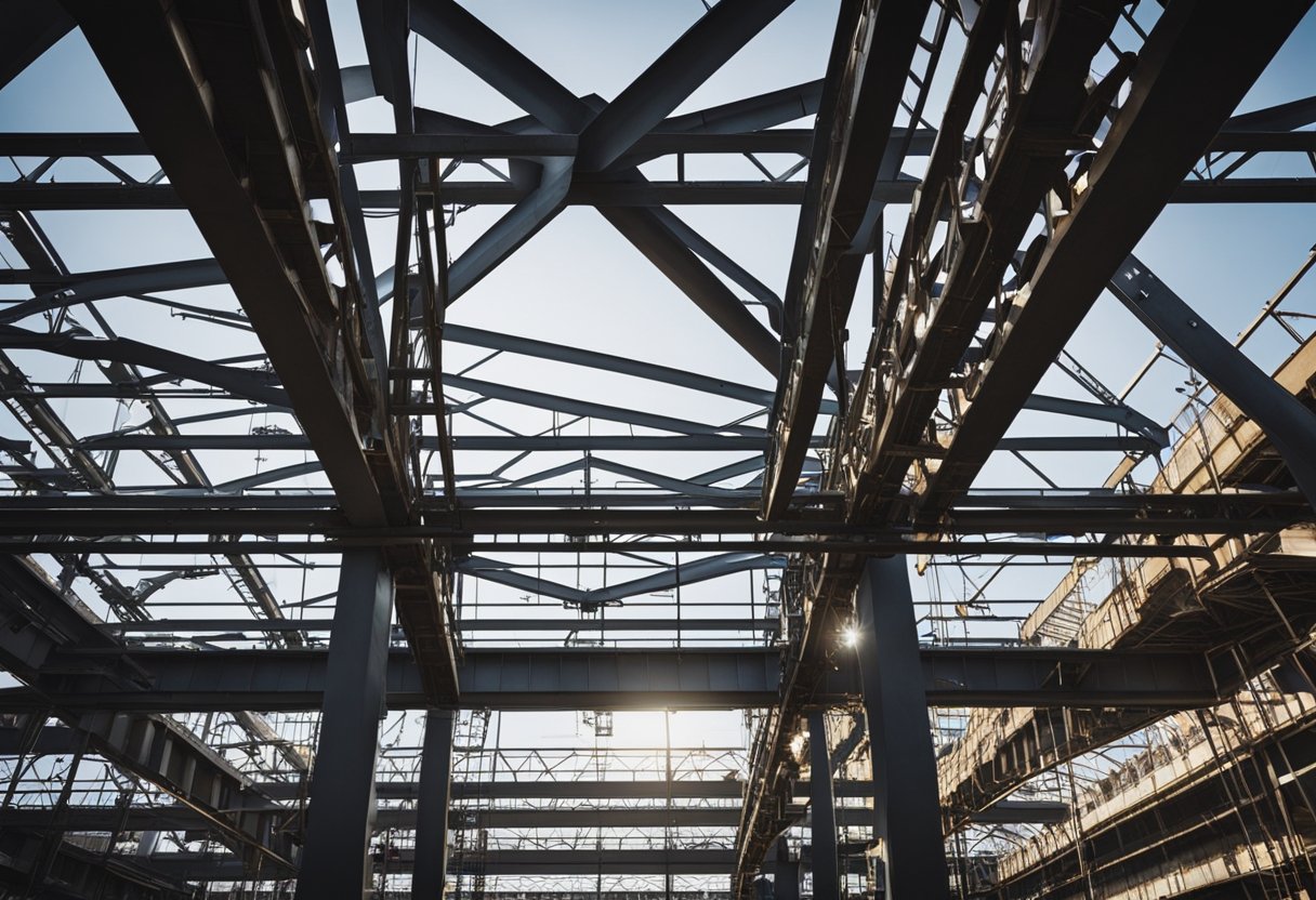 The steel beams of the stadium roof soar overhead, casting dramatic shadows on the concrete walls. Cranes and scaffolding dot the interior, showcasing the ongoing construction work
