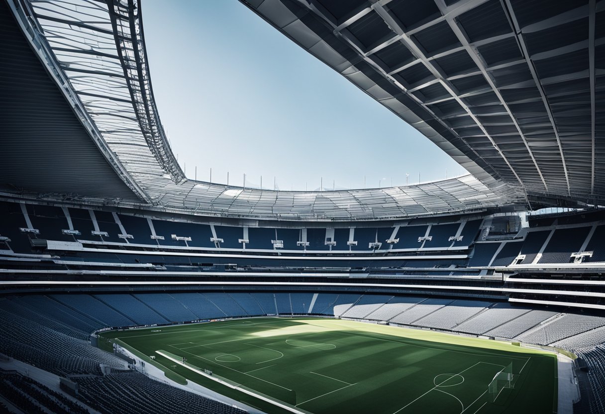 The stadium's sleek design features exposed steel beams and glass walls, showcasing a modern architectural vision