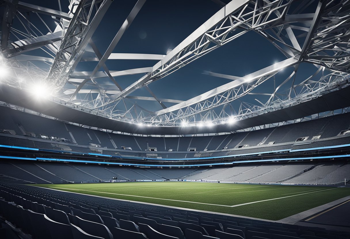 The stadium's intricate steel framework rises, showcasing its innovative design and construction techniques. The sleek lines and complex network of supports create a breathtaking engineering marvel